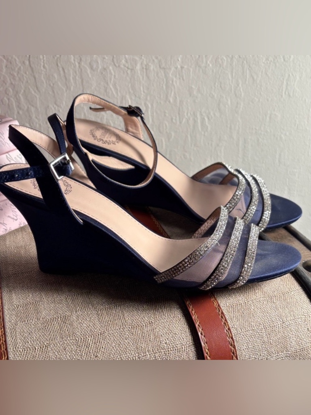 Elegant Navy Wedge Sandals with Crystal Straps